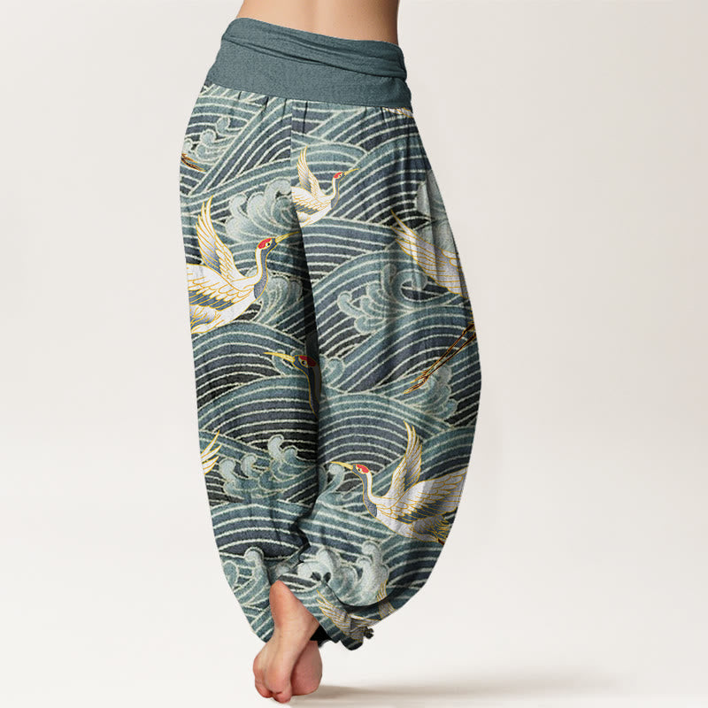 Tactile Cotton Crane and Wave Print Meditation Harem Pants
