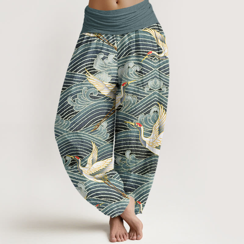Tactile Cotton Crane and Wave Print Meditation Harem Pants