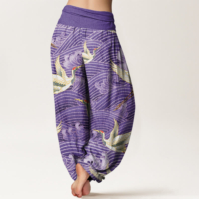 Tactile Cotton Crane and Wave Print Meditation Harem Pants