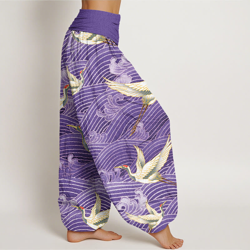 Tactile Cotton Crane and Wave Print Meditation Harem Pants