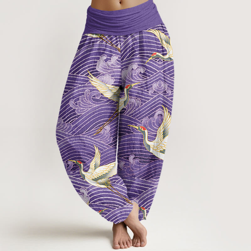 Tactile Cotton Crane and Wave Print Meditation Harem Pants