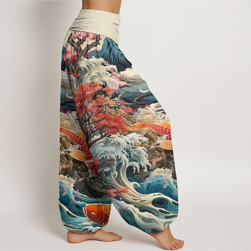 Cotton Casual Blossoming Tree Koi Fish Wave Mountain Pattern Women's Elastic Waist Harem Pants