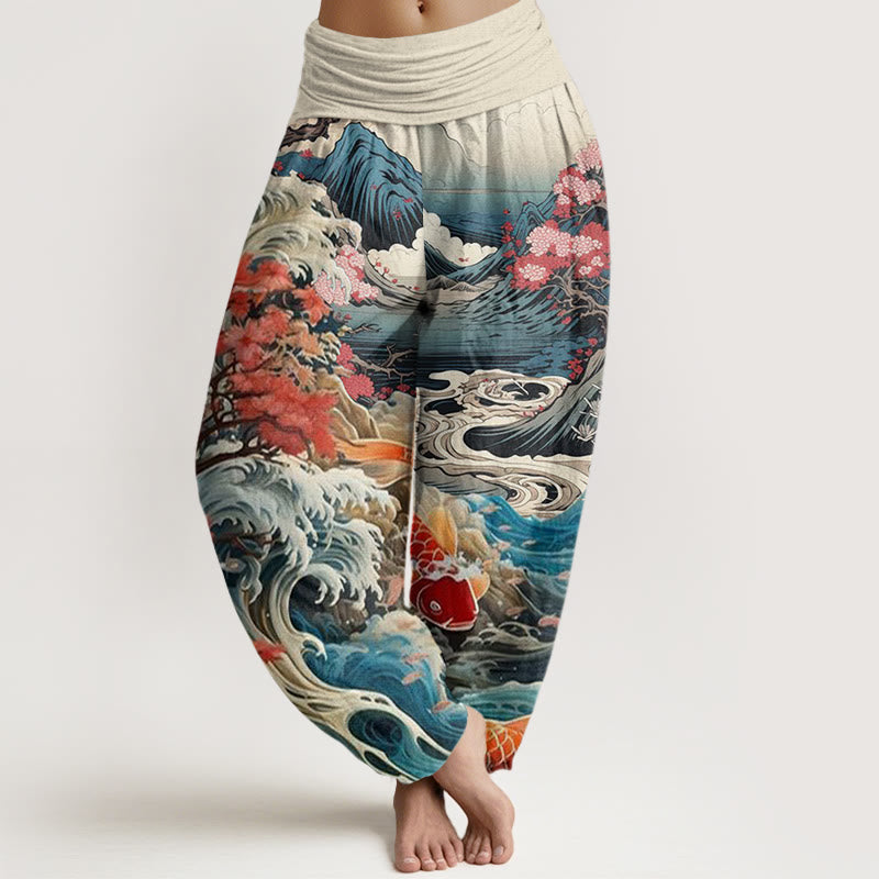 Cotton Casual Blossoming Tree Koi Fish Wave Mountain Pattern Women's Elastic Waist Harem Pants
