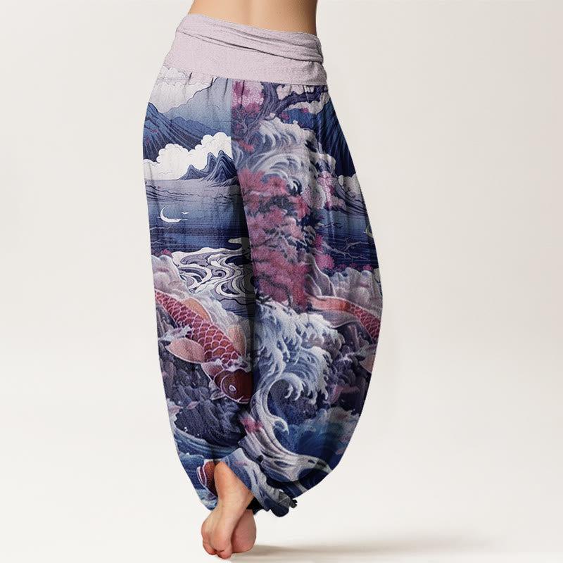 Cotton Casual Blossoming Tree Koi Fish Wave Mountain Pattern Women's Elastic Waist Harem Pants