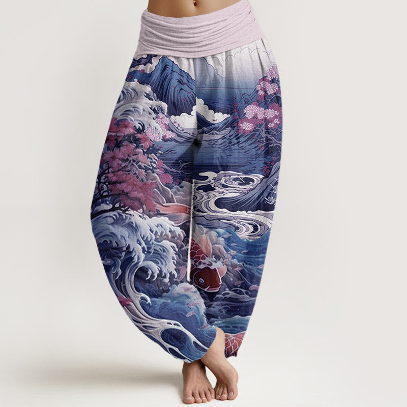 Cotton Casual Blossoming Tree Koi Fish Wave Mountain Pattern Women's Elastic Waist Harem Pants