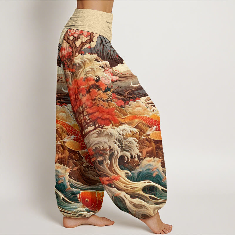 Cotton Casual Blossoming Tree Koi Fish Wave Mountain Pattern Women's Elastic Waist Harem Pants