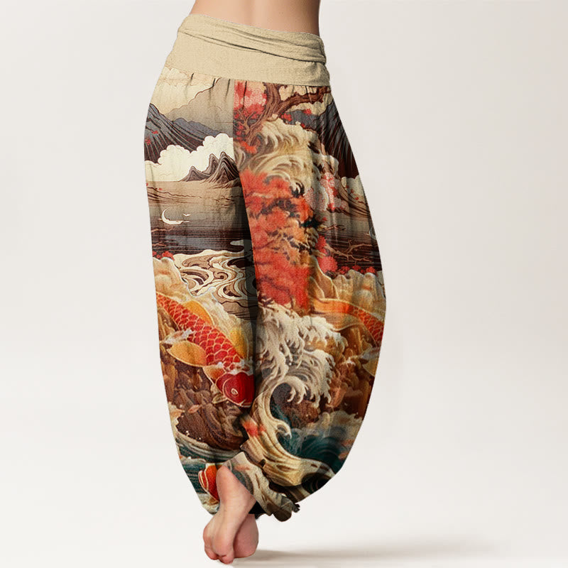 Cotton Casual Blossoming Tree Koi Fish Wave Mountain Pattern Women's Elastic Waist Harem Pants
