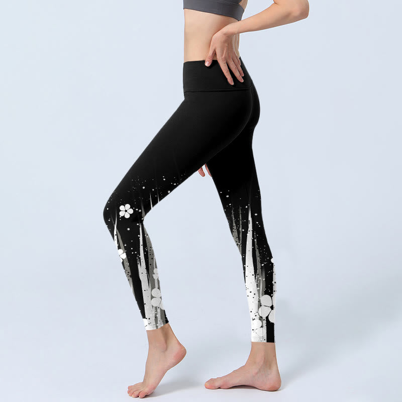 White Flowers Aquatic Plants Pattern Print Gym Leggings Women's Yoga Pants