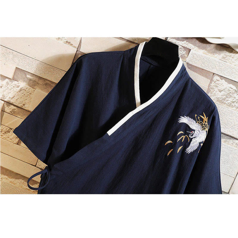 Cotton Linen Side-Lace Crane Meditation Shirt