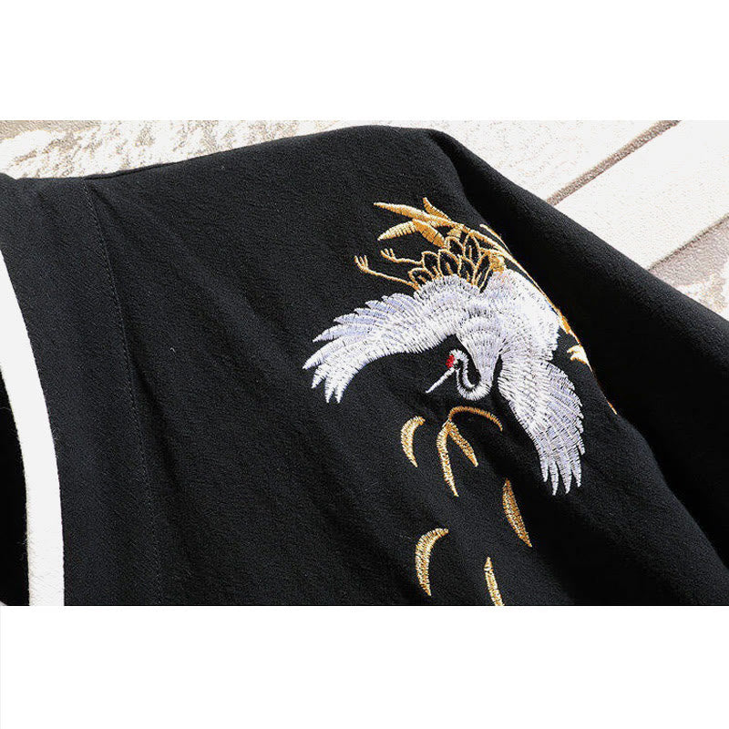 Cotton Linen Side-Lace Crane Meditation Shirt