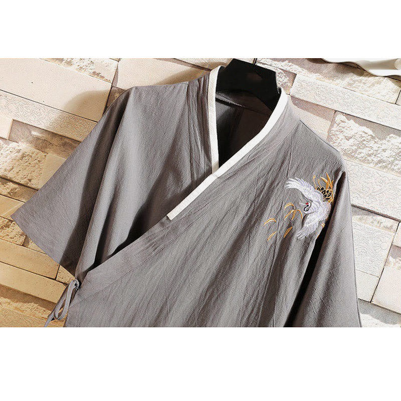 Cotton Linen Side-Lace Crane Meditation Shirt