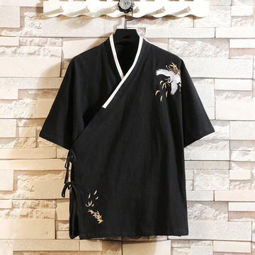 Cotton Linen Side-Lace Crane Meditation Shirt