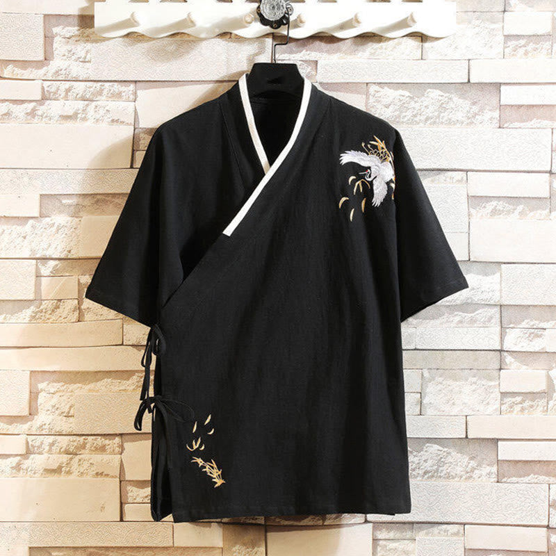 Cotton Linen Side-Lace Crane Meditation Shirt