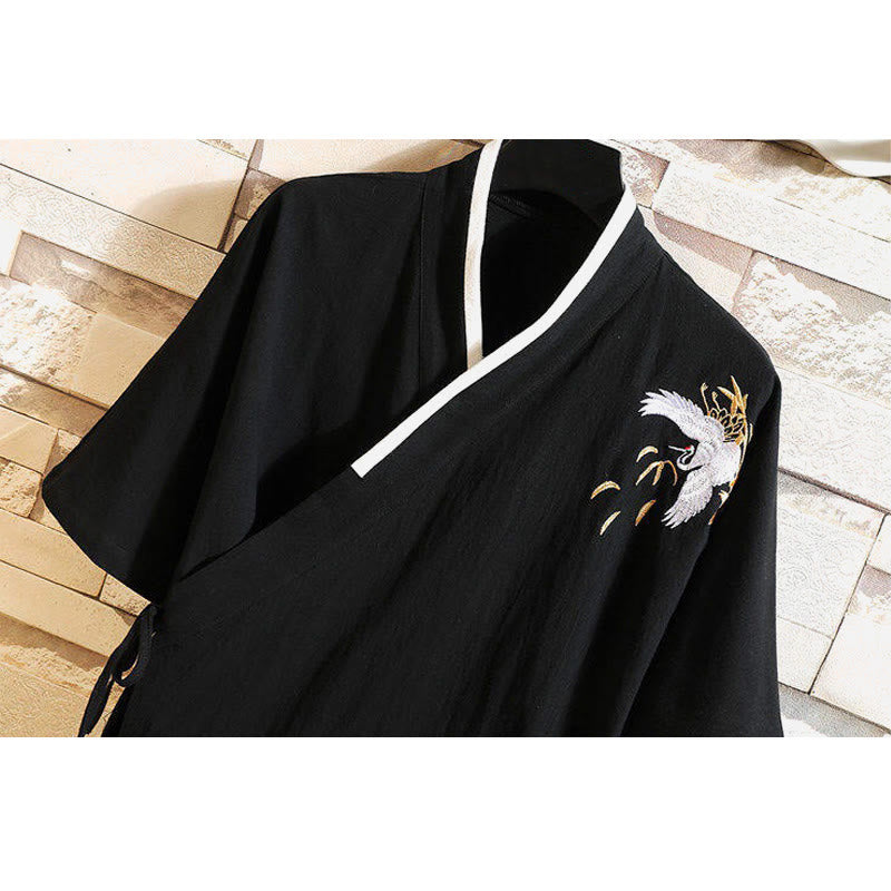 Cotton Linen Side-Lace Crane Meditation Shirt