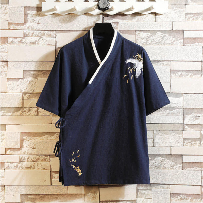 Cotton Linen Side-Lace Crane Meditation Shirt