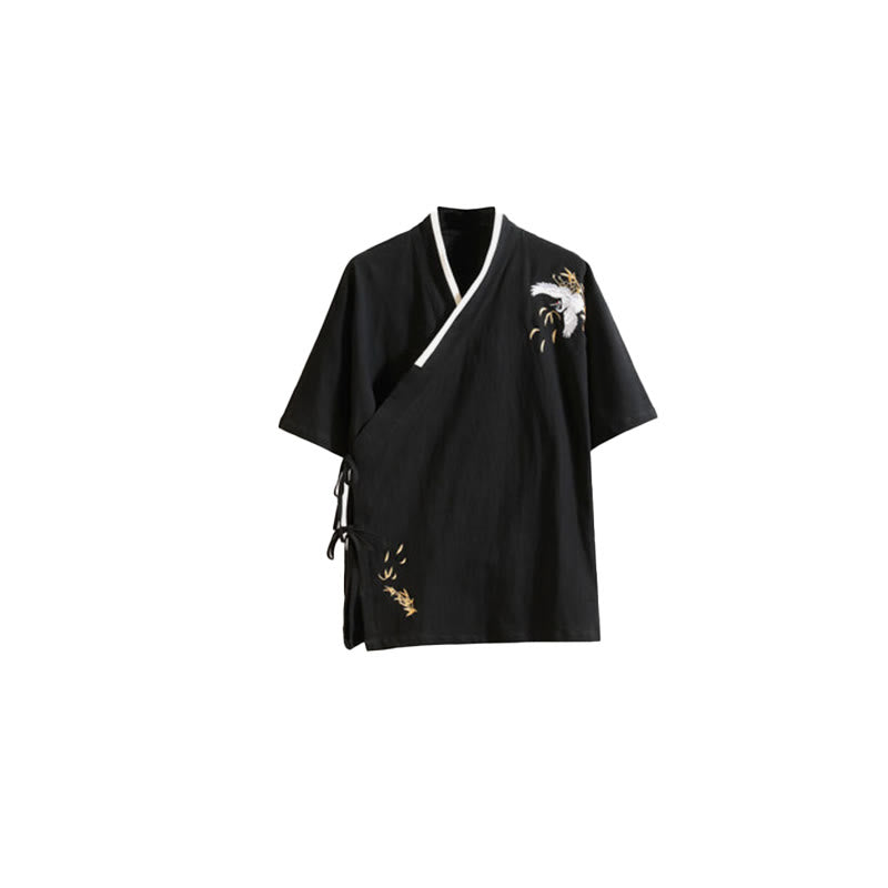 Cotton Linen Side-Lace Crane Meditation Shirt