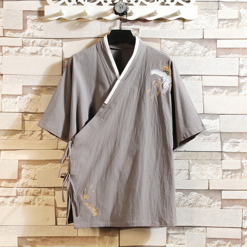 Cotton Linen Side-Lace Crane Meditation Shirt