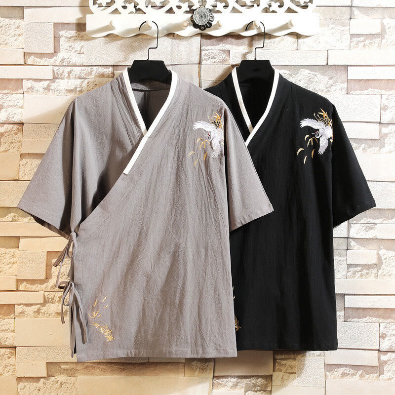 Cotton Linen Side-Lace Crane Meditation Shirt