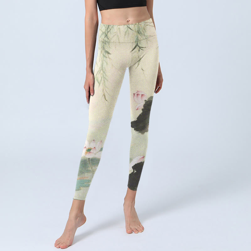Willow Leaves Lotus Pond Pattern Print Gym Leggings Women's Yoga Pants