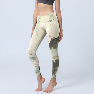 Willow Leaves Lotus Pond Pattern Print Gym Leggings Women's Yoga Pants