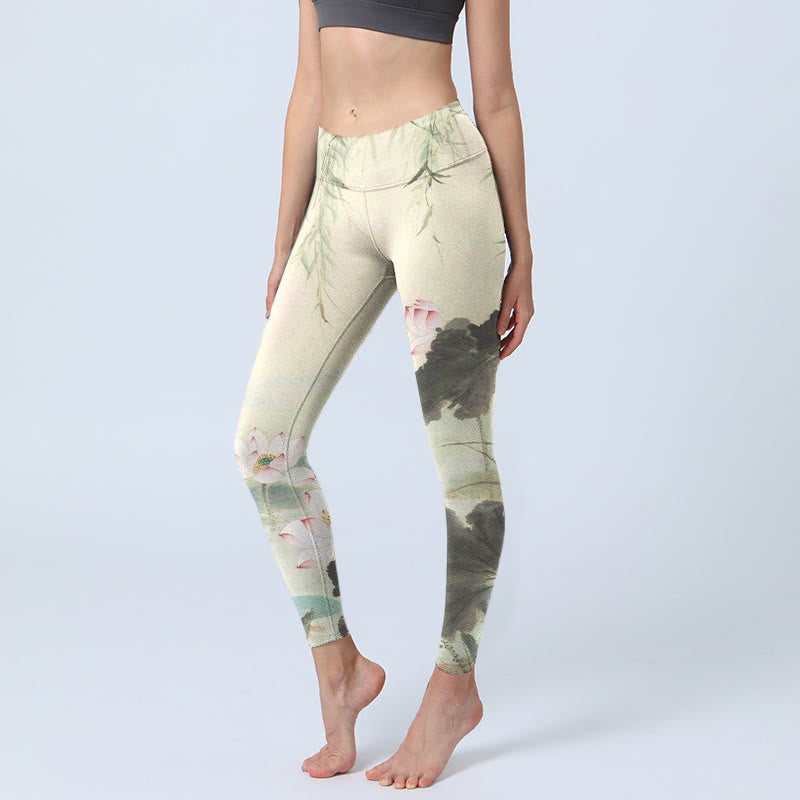 Willow Leaves Lotus Pond Pattern Print Gym Leggings Women's Yoga Pants
