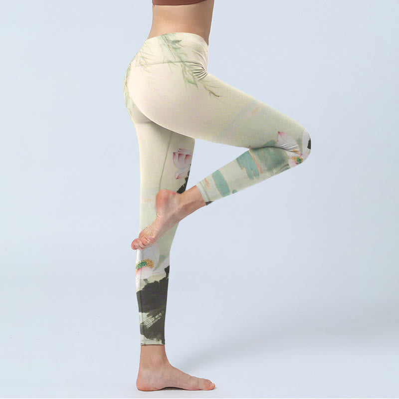 Willow Leaves Lotus Pond Pattern Print Gym Leggings Women's Yoga Pants