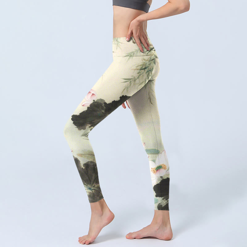 Willow Leaves Lotus Pond Pattern Print Gym Leggings Women's Yoga Pants