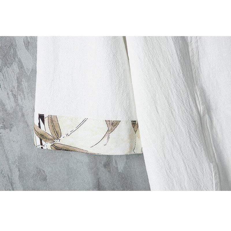 Summer Chinese Frog-Button Printing Men's Plain Patchwork Half Sleeve Cotton Linen Shirt