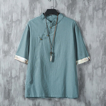 Summer Chinese Frog-Button Printing Men's Plain Patchwork Half Sleeve Cotton Linen Shirt