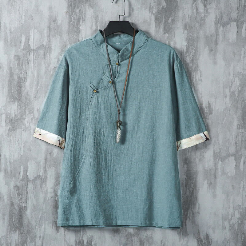 Summer Chinese Frog-Button Printing Men's Plain Patchwork Half Sleeve Cotton Linen Shirt