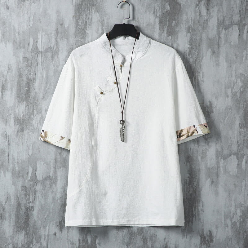 Summer Chinese Frog-Button Printing Men's Plain Patchwork Half Sleeve Cotton Linen Shirt