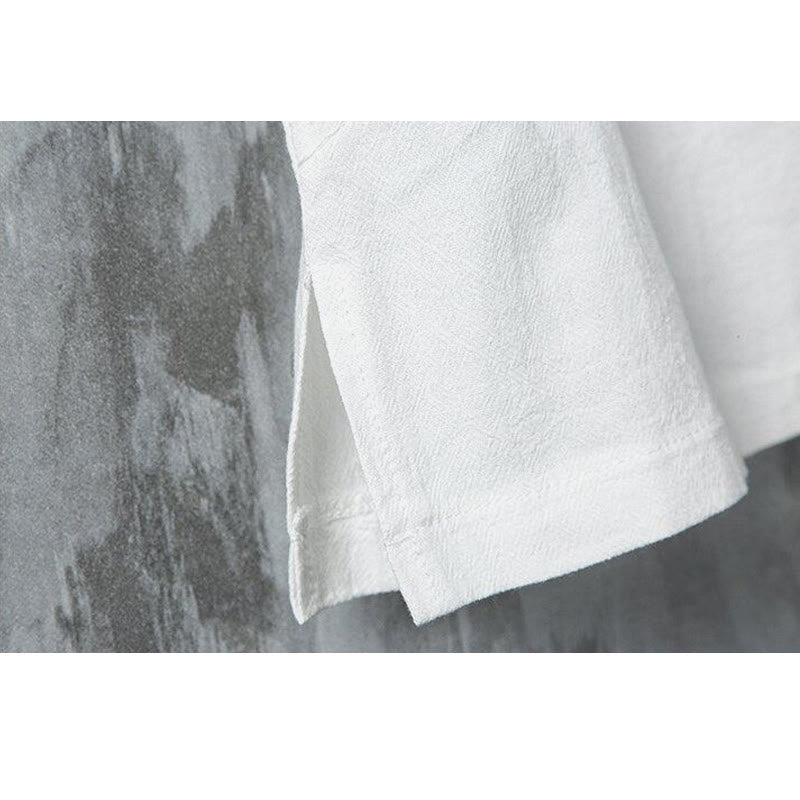 Summer Chinese Frog-Button Printing Men's Plain Patchwork Half Sleeve Cotton Linen Shirt