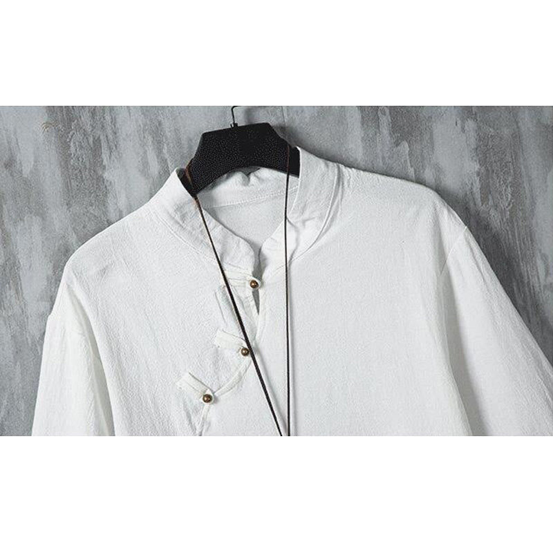 Summer Chinese Frog-Button Printing Men's Plain Patchwork Half Sleeve Cotton Linen Shirt