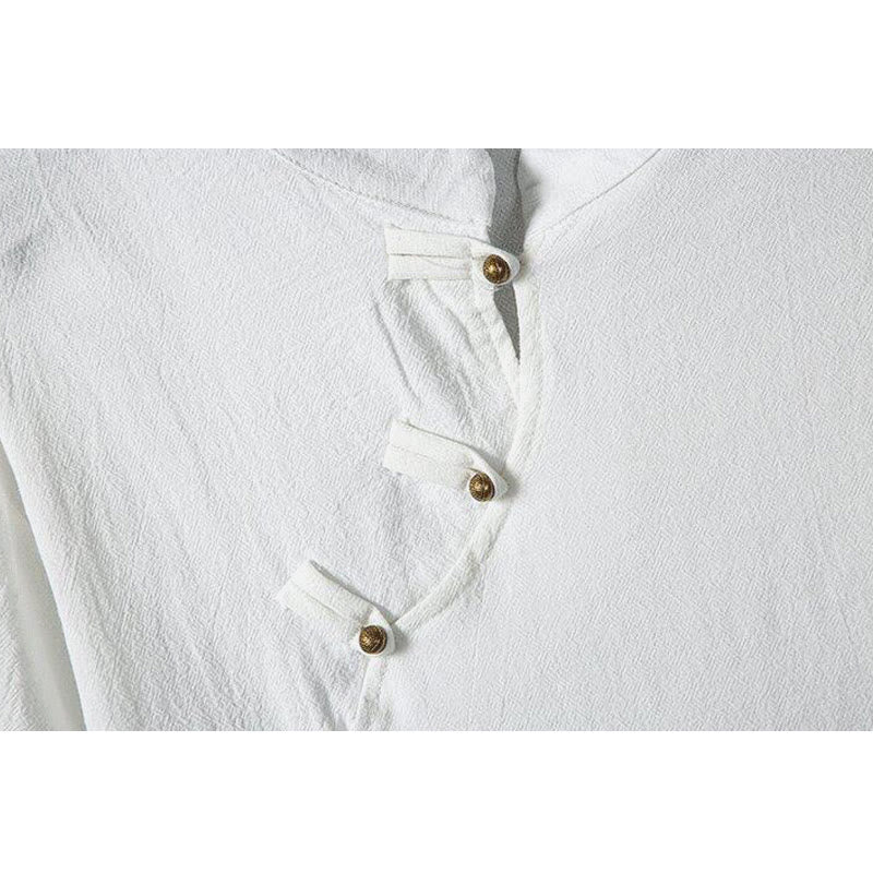 Summer Chinese Frog-Button Printing Men's Plain Patchwork Half Sleeve Cotton Linen Shirt