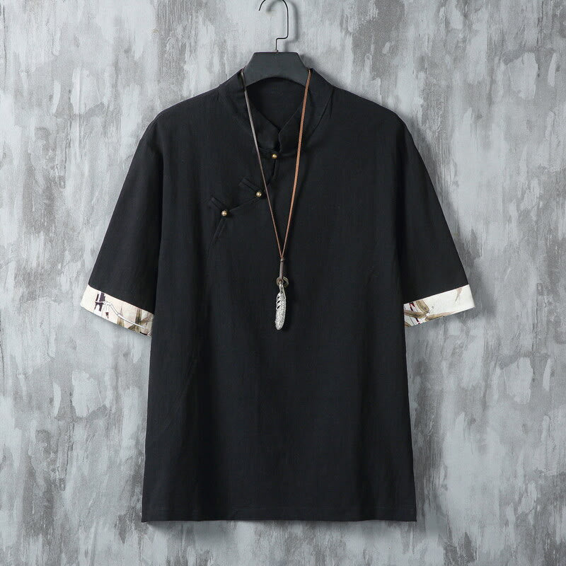Summer Chinese Frog-Button Printing Men's Plain Patchwork Half Sleeve Cotton Linen Shirt
