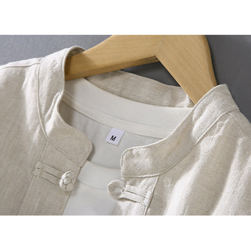 Vintage Plain Tang Suit Chinese Frog-Button Cotton Linen Men's Shirt With Pockets