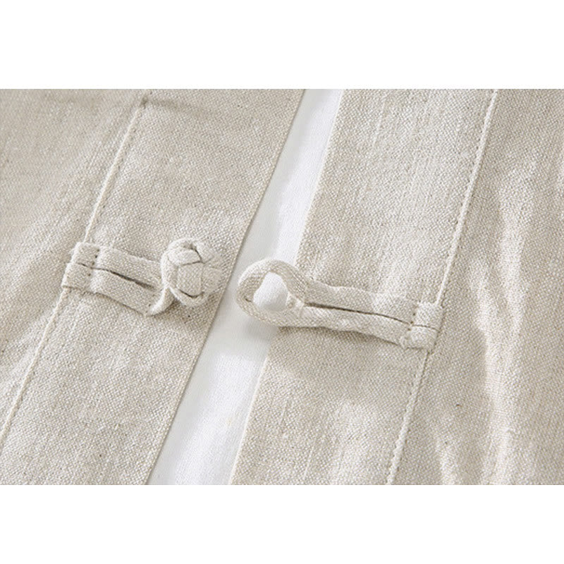 Vintage Plain Tang Suit Chinese Frog-Button Cotton Linen Men's Shirt With Pockets