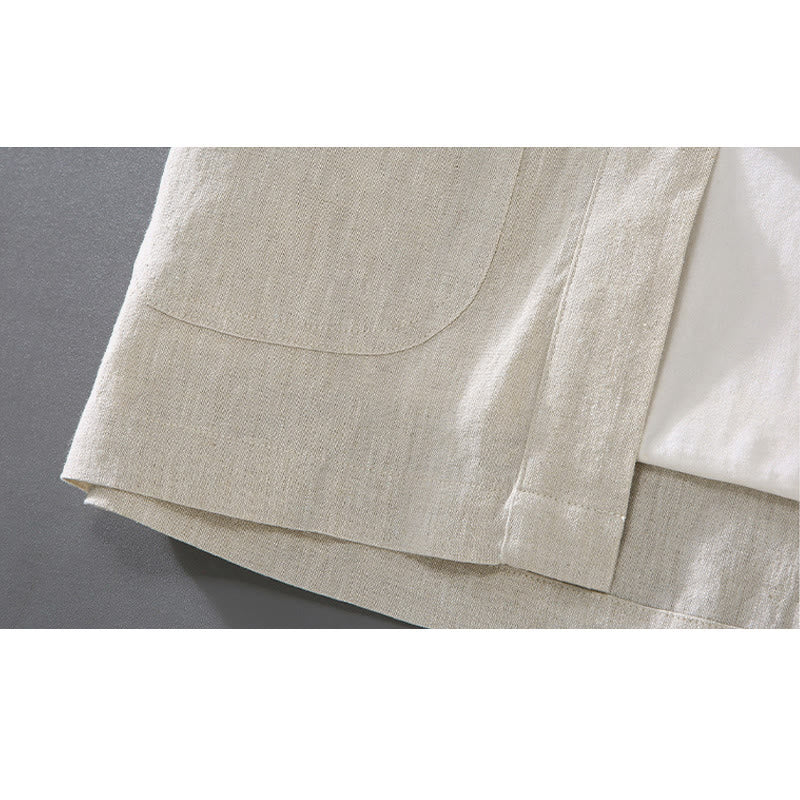 Vintage Plain Tang Suit Chinese Frog-Button Cotton Linen Men's Shirt With Pockets