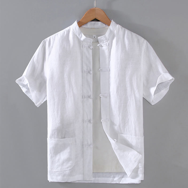 Vintage Plain Tang Suit Chinese Frog-Button Cotton Linen Men's Shirt With Pockets