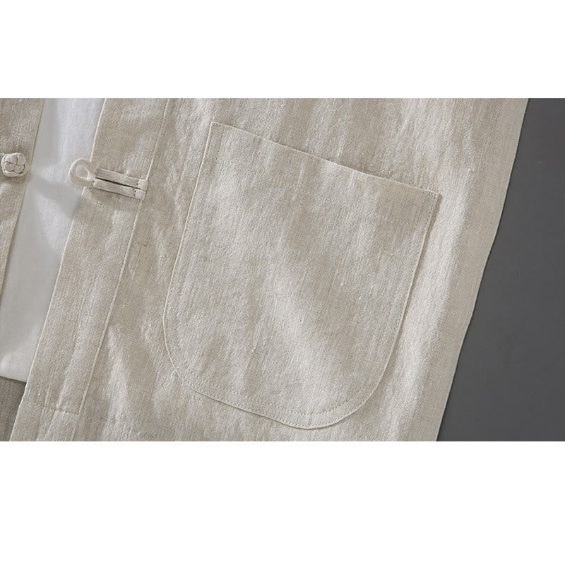 Vintage Plain Tang Suit Chinese Frog-Button Cotton Linen Men's Shirt With Pockets