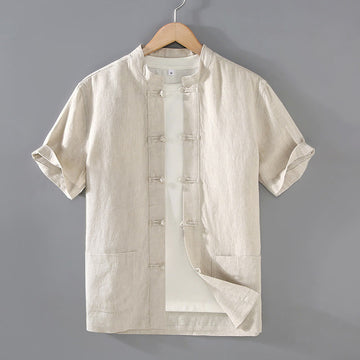 Vintage Plain Tang Suit Chinese Frog-Button Cotton Linen Men's Shirt With Pockets