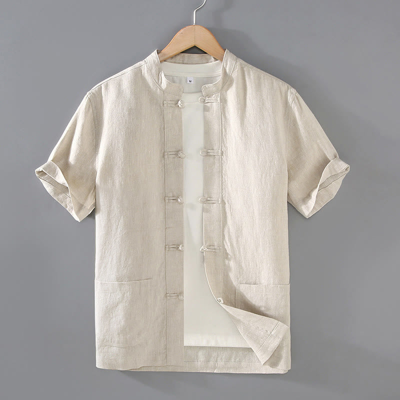 Vintage Plain Tang Suit Chinese Frog-Button Cotton Linen Men's Shirt With Pockets
