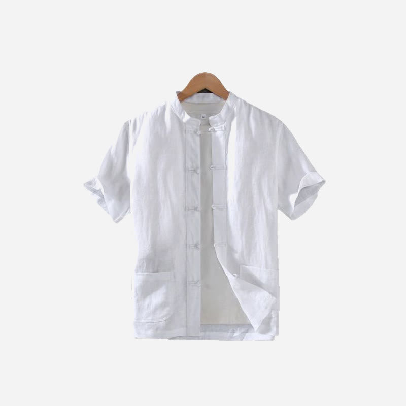 Vintage Plain Tang Suit Chinese Frog-Button Cotton Linen Men's Shirt With Pockets