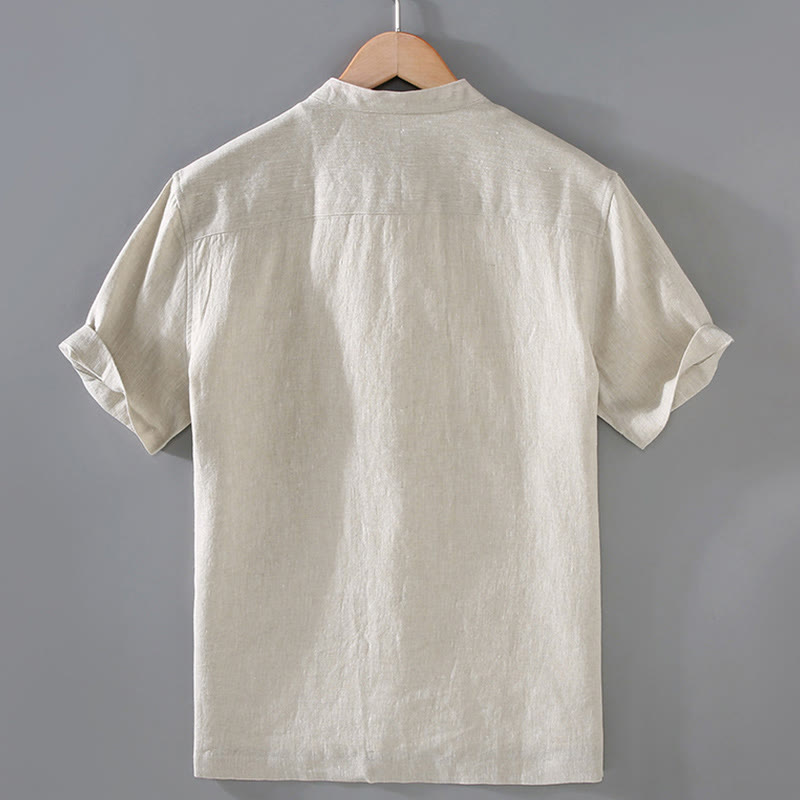 Vintage Plain Tang Suit Chinese Frog-Button Cotton Linen Men's Shirt With Pockets