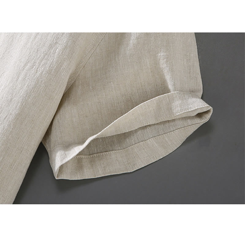 Vintage Plain Tang Suit Chinese Frog-Button Cotton Linen Men's Shirt With Pockets