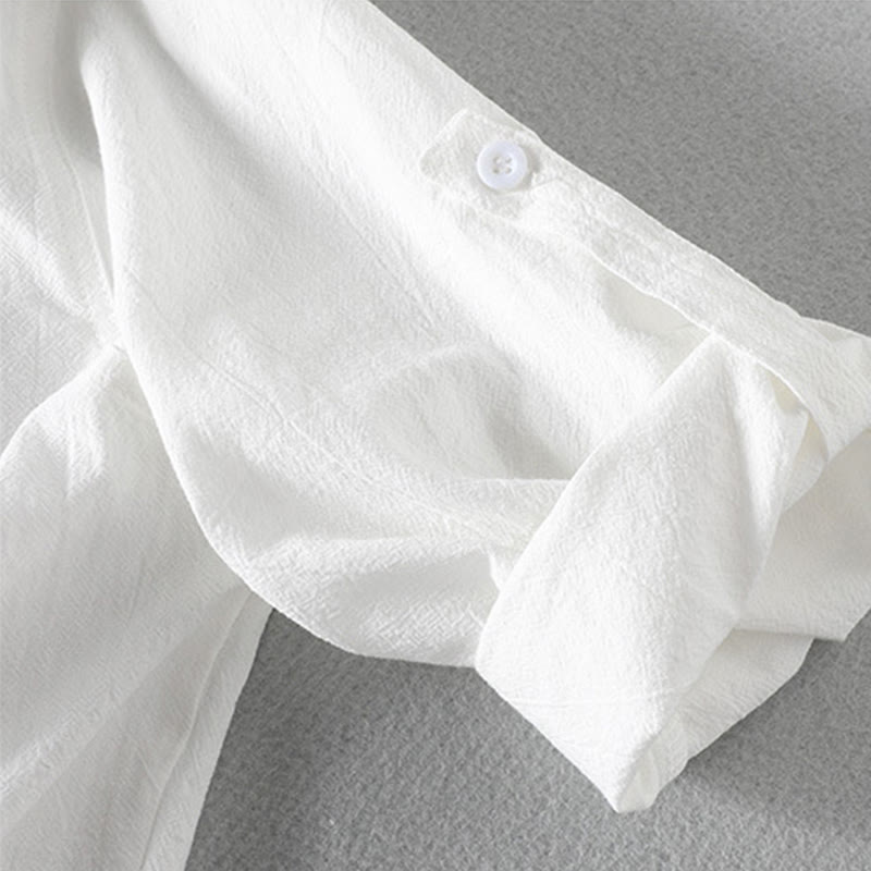 Vintage Casual Plain Single Breasted Three Quarter Sleeve Men's Cotton Linen Shirt With Pocket