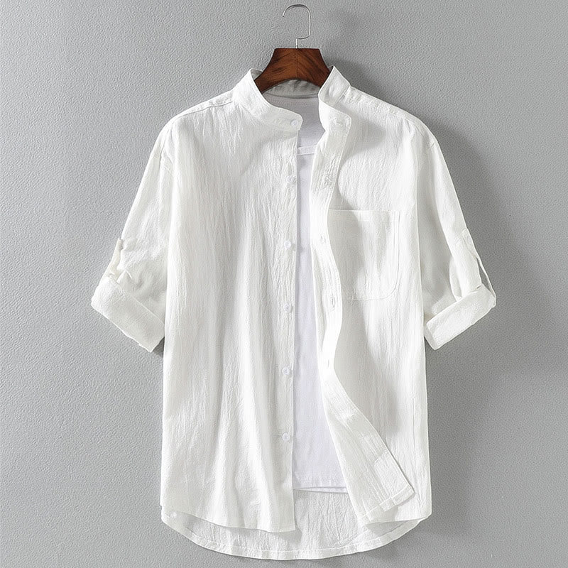 Vintage Casual Plain Single Breasted Three Quarter Sleeve Men's Cotton Linen Shirt With Pocket