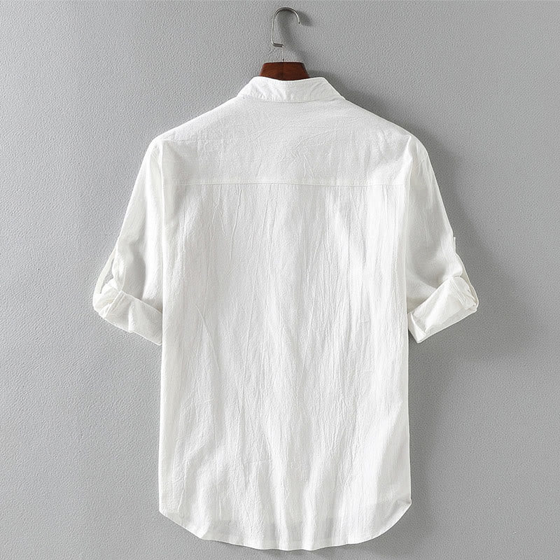 Vintage Casual Plain Single Breasted Three Quarter Sleeve Men's Cotton Linen Shirt With Pocket