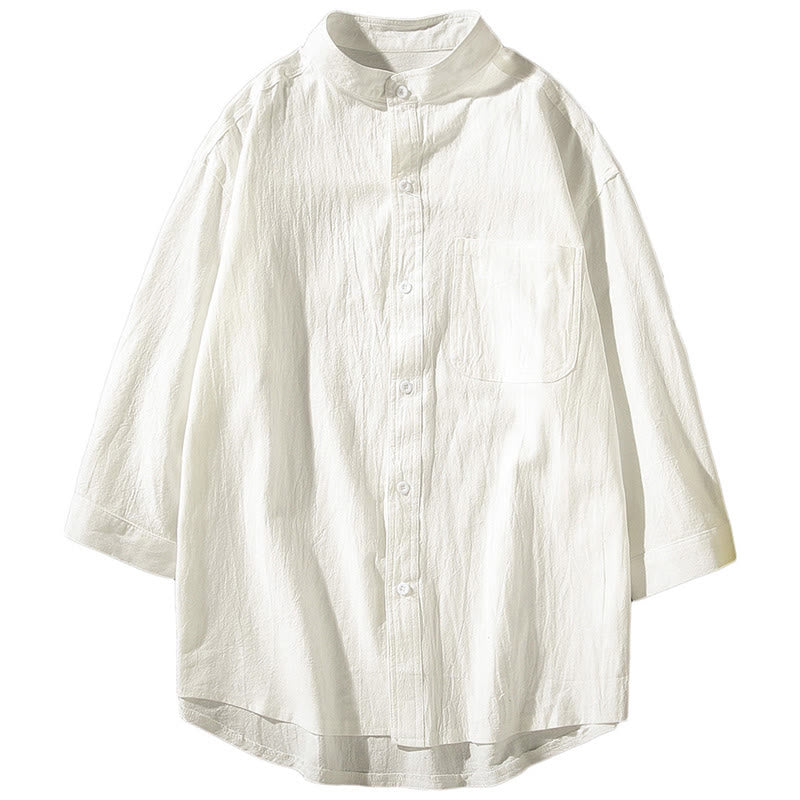 Vintage Casual Plain Single Breasted Three Quarter Sleeve Men's Cotton Linen Shirt With Pocket