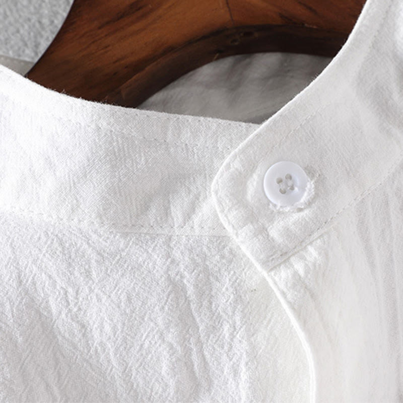 Vintage Casual Plain Single Breasted Three Quarter Sleeve Men's Cotton Linen Shirt With Pocket